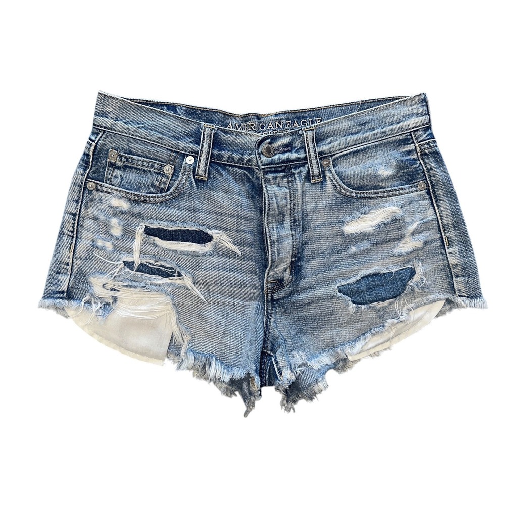S1 American Eagle Denim Shorts Distressed Rips Frayed Hem Festival Blue Size 4